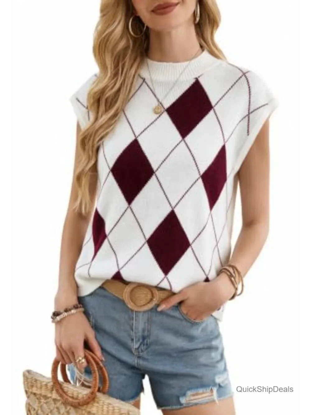 Women's Short Sleeve Floral Sweater Mock Neck Lightweight Knit Top